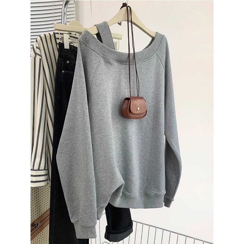 American style grey shoulder strap off-shoulder sweatshirt for women