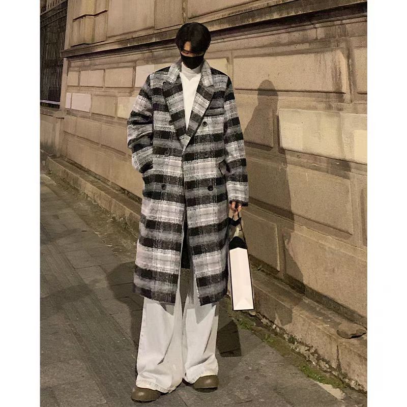 Men's mid-length trench coat for autumn and winter, high-end woolen coat, British style, elegant men's clothing, long double-breasted coat