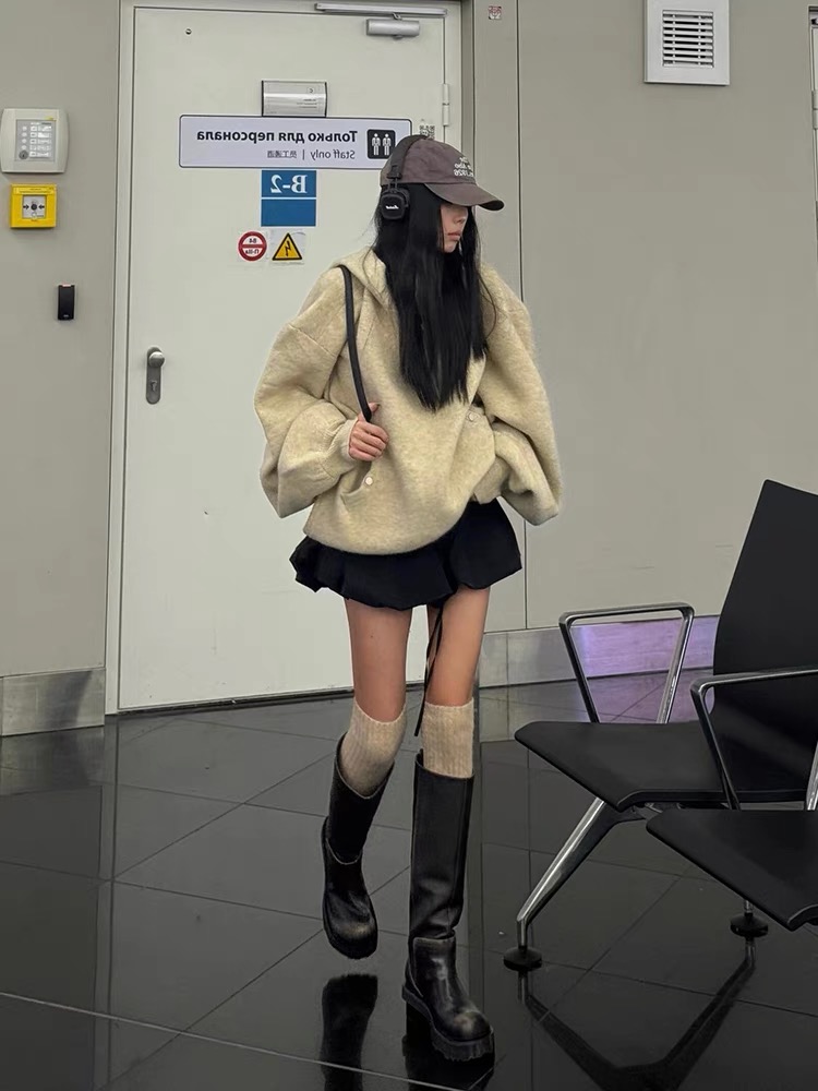 Korean retro khaki hooded top for women, autumn lazy style