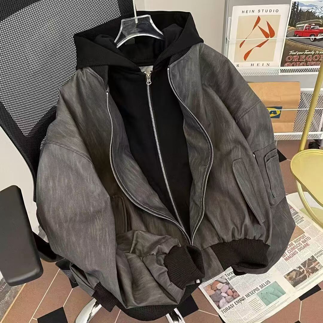 High-grade black and gray textured zipper hooded fake two-piece leather jacket men's street style loose versatile coat pu leather jacket