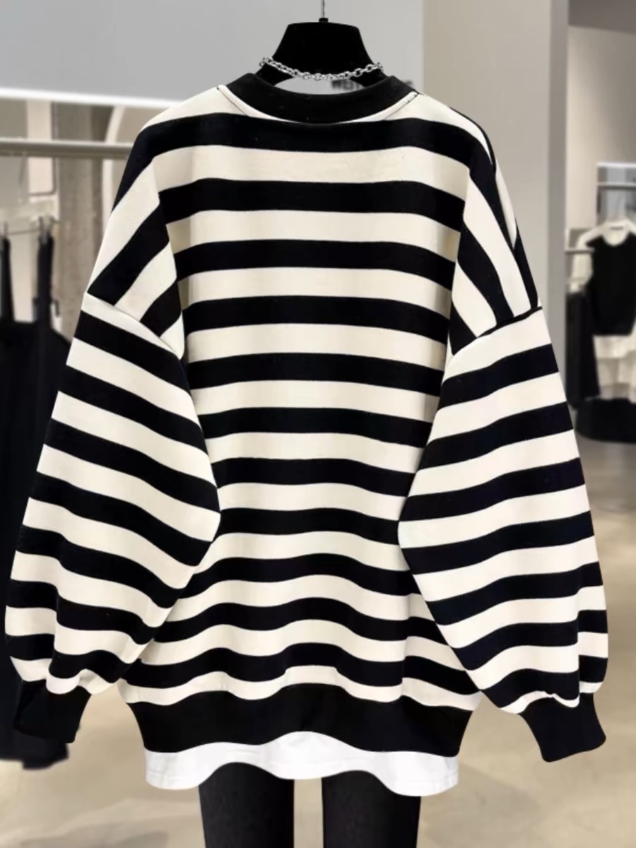 Round neck striped polo neck long-sleeved sweatshirt Spring Hong Kong style niche loose top for women