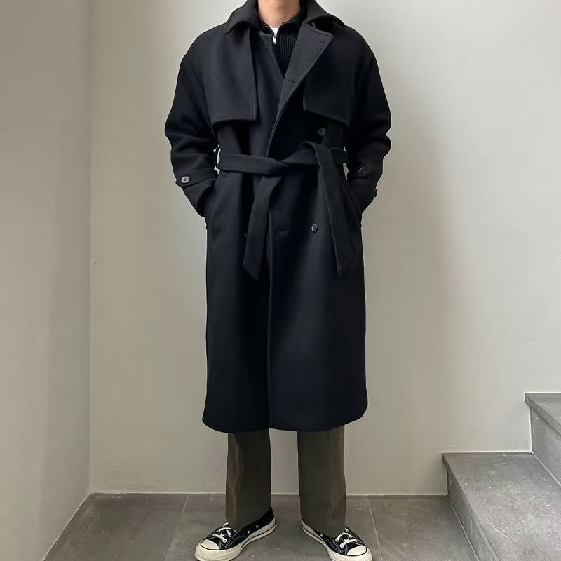 New autumn and winter woolen coat for men, medium and long British style woolen coat, thick Korean style windbreaker, loose over-the-knee coat for men