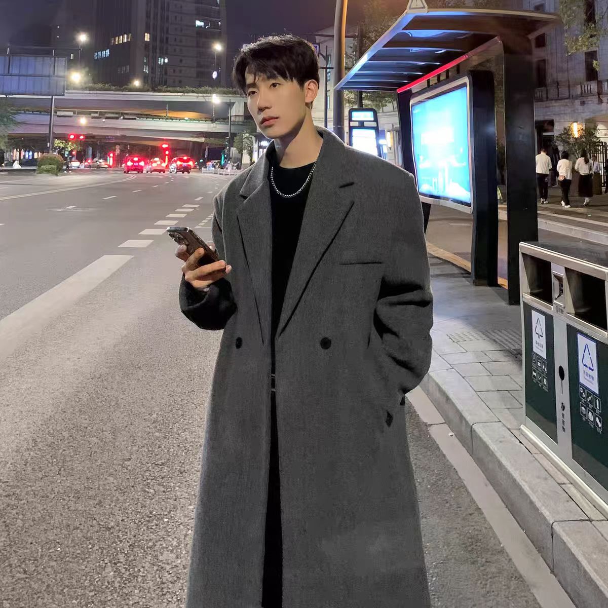 Mid-length woolen coat for men, thickened and high-end over-the-knee windbreaker for spring, autumn and winter, Korean-style woolen suit